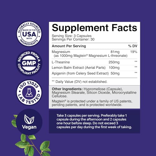 Magnesium Threonate with L-Theanine & Lemon Balm Calm Aid for Sleep (1 Month)
